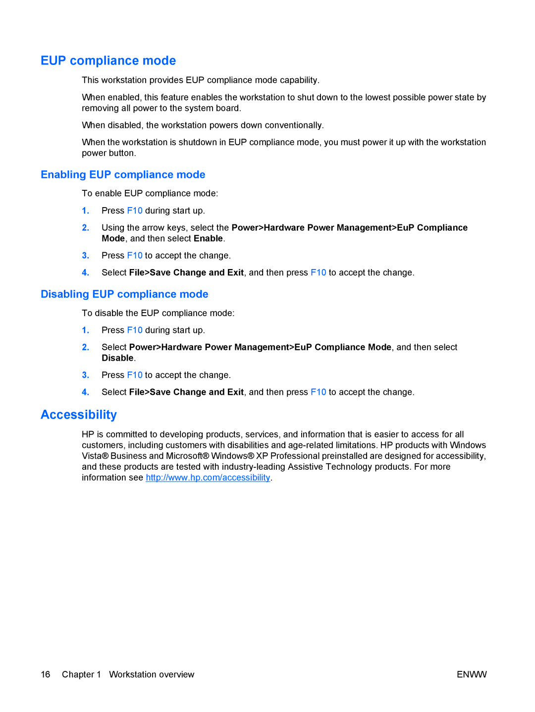 HP Z800 Sp632up SP632UPABA manual Accessibility, Enabling EUP compliance mode, Disabling EUP compliance mode 