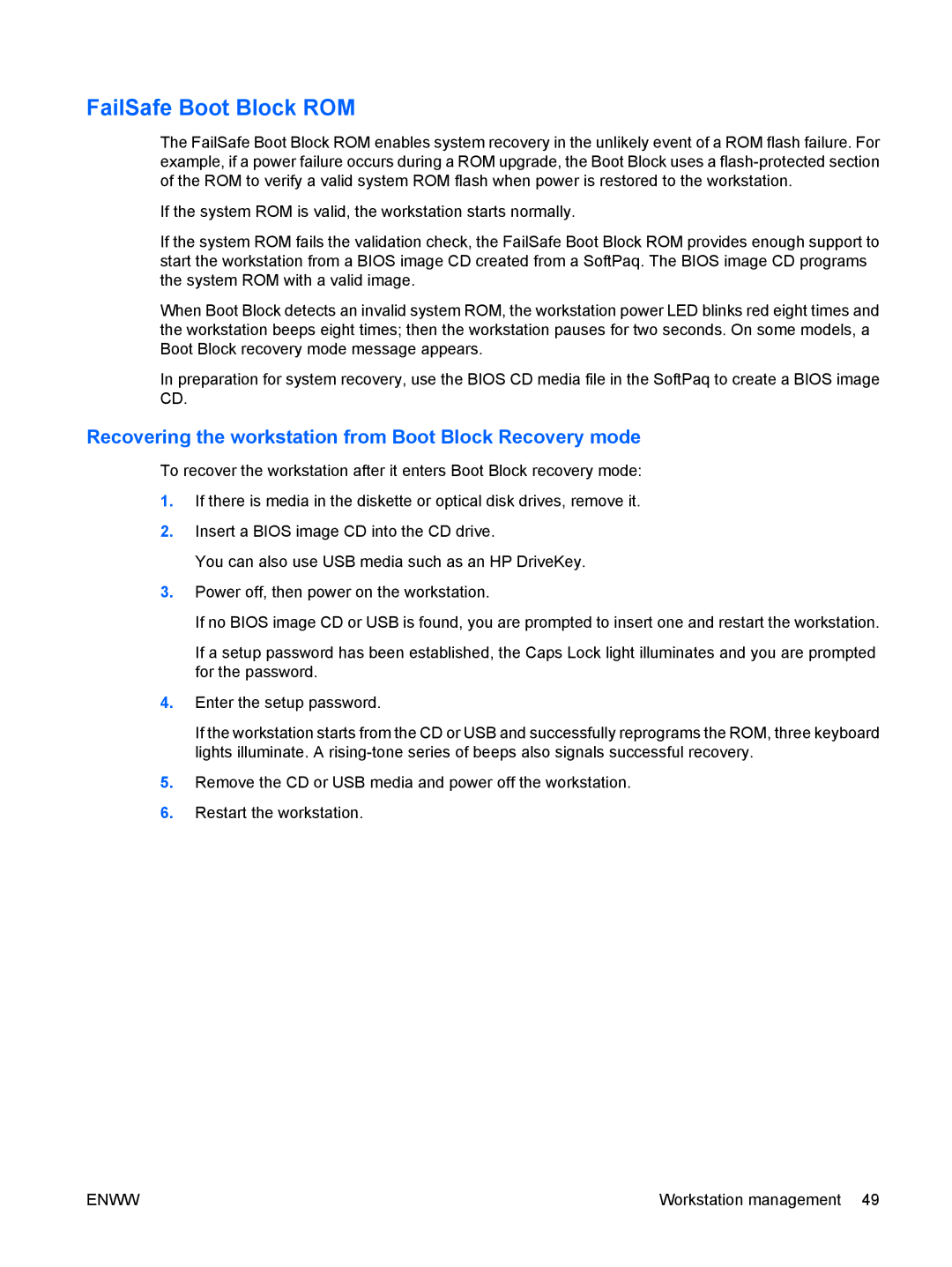 HP FL939UT FL939UT#ABA manual FailSafe Boot Block ROM, Recovering the workstation from Boot Block Recovery mode 