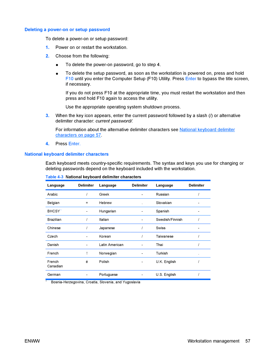 HP FL939UT FL939UT#ABA Deleting a power-on or setup password, National keyboard delimiter characters, Language Delimiter 