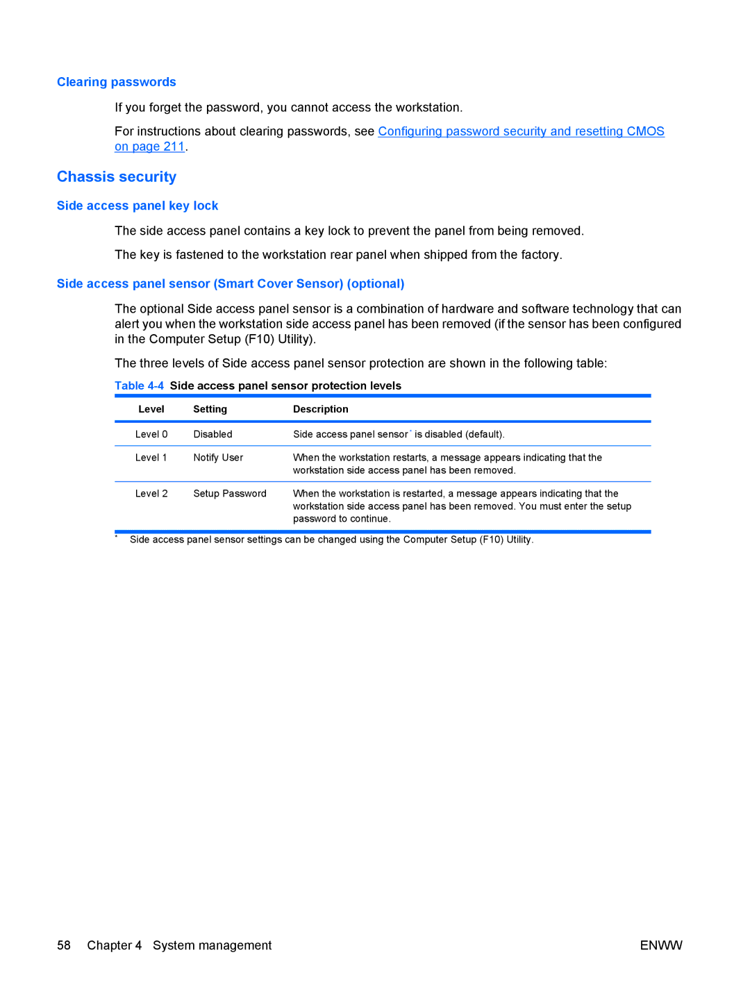 HP Z800 Sp632up SP632UPABA, FL939UT FL939UT#ABA manual Chassis security, Clearing passwords, Side access panel key lock 
