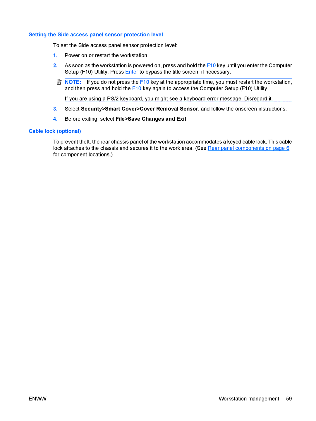 HP FL939UT FL939UT#ABA, Z800 Sp632up SP632UPABA Setting the Side access panel sensor protection level, Cable lock optional 