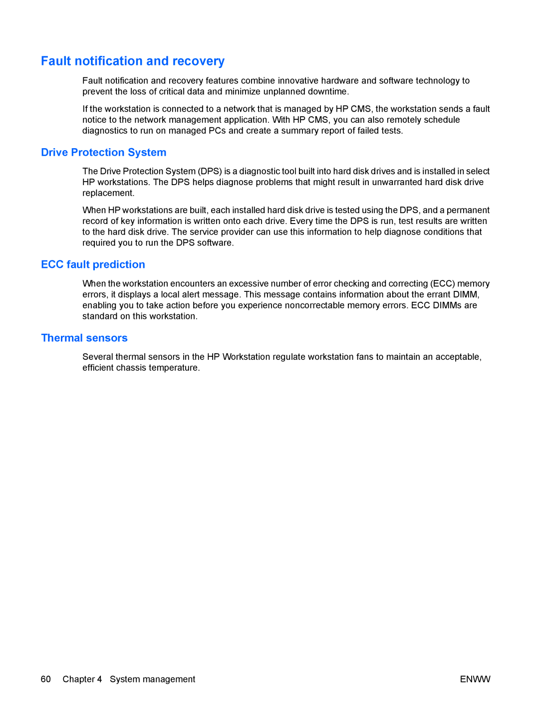 HP Z800 Sp632up SP632UPABA Fault notification and recovery, Drive Protection System, ECC fault prediction, Thermal sensors 