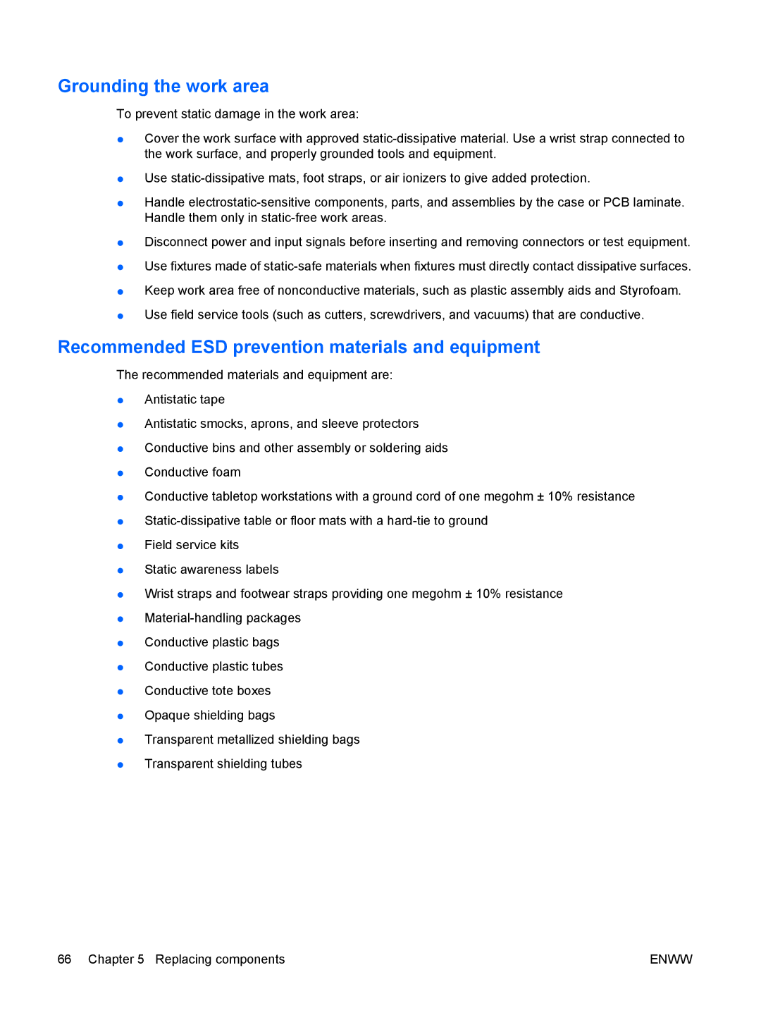 HP Z800 Sp632up SP632UPABA manual Grounding the work area, Recommended ESD prevention materials and equipment 