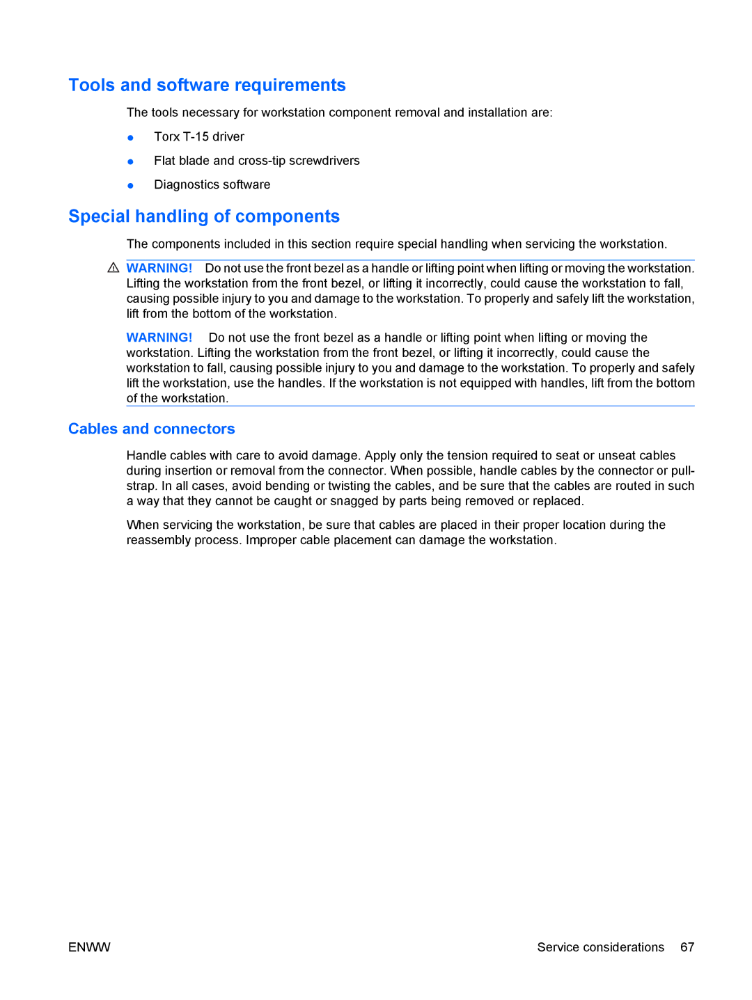 HP FL939UT FL939UT#ABA manual Tools and software requirements, Special handling of components, Cables and connectors 
