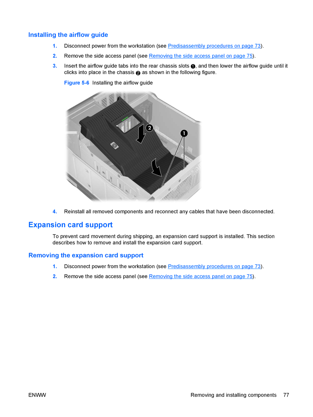 HP FL939UT FL939UT#ABA manual Expansion card support, Installing the airflow guide, Removing the expansion card support 