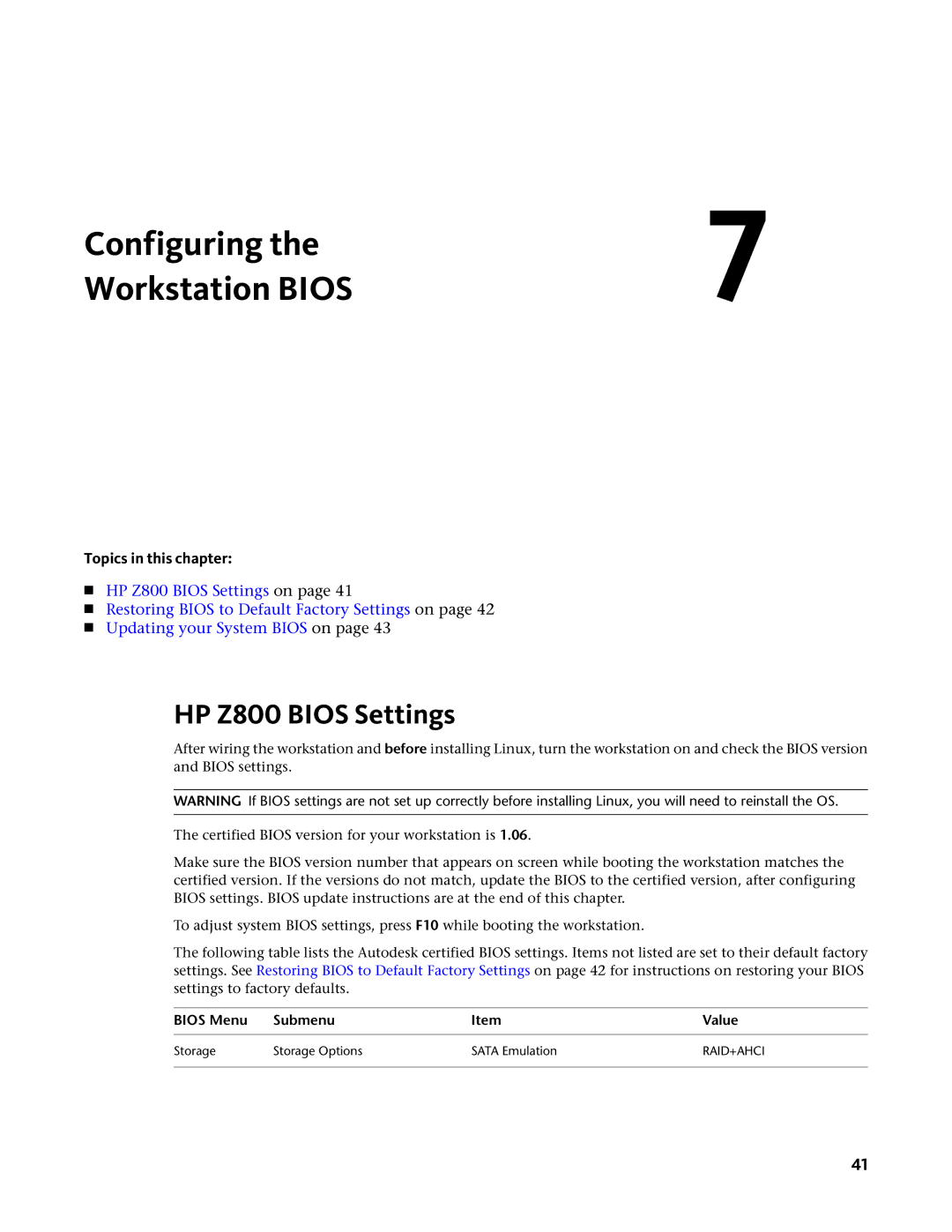 HP manual Configuring Workstation Bios, HP Z800 Bios Settings, Bios Menu Submenu Value 