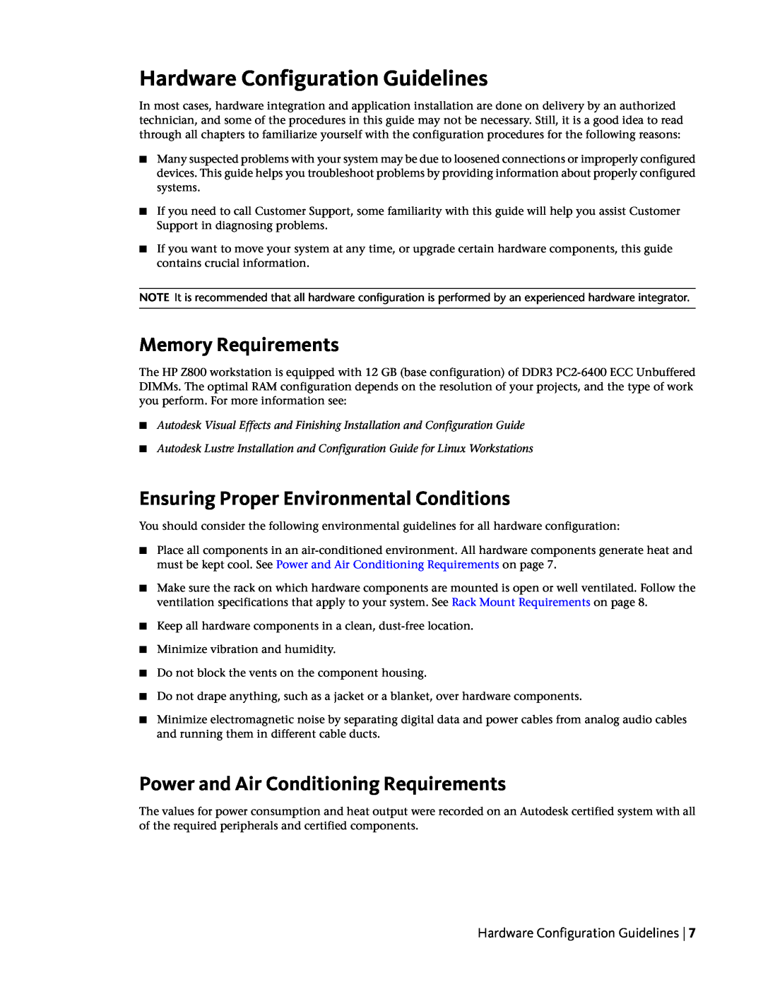 HP Z800 manual Hardware Configuration Guidelines, Memory Requirements, Ensuring Proper Environmental Conditions 