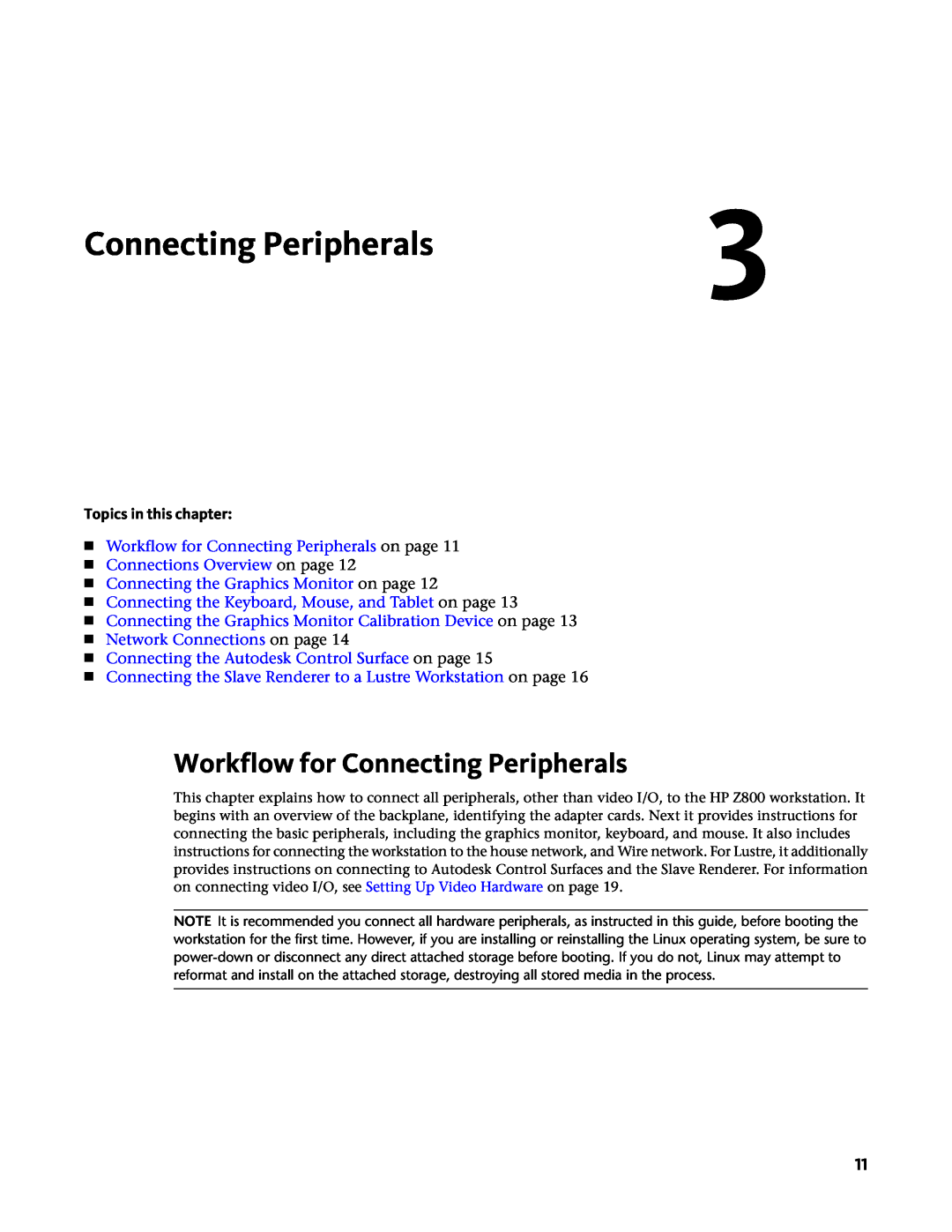 HP Z800 manual Workflow for Connecting Peripherals on page, Connecting the Keyboard, Mouse, and Tablet on page 