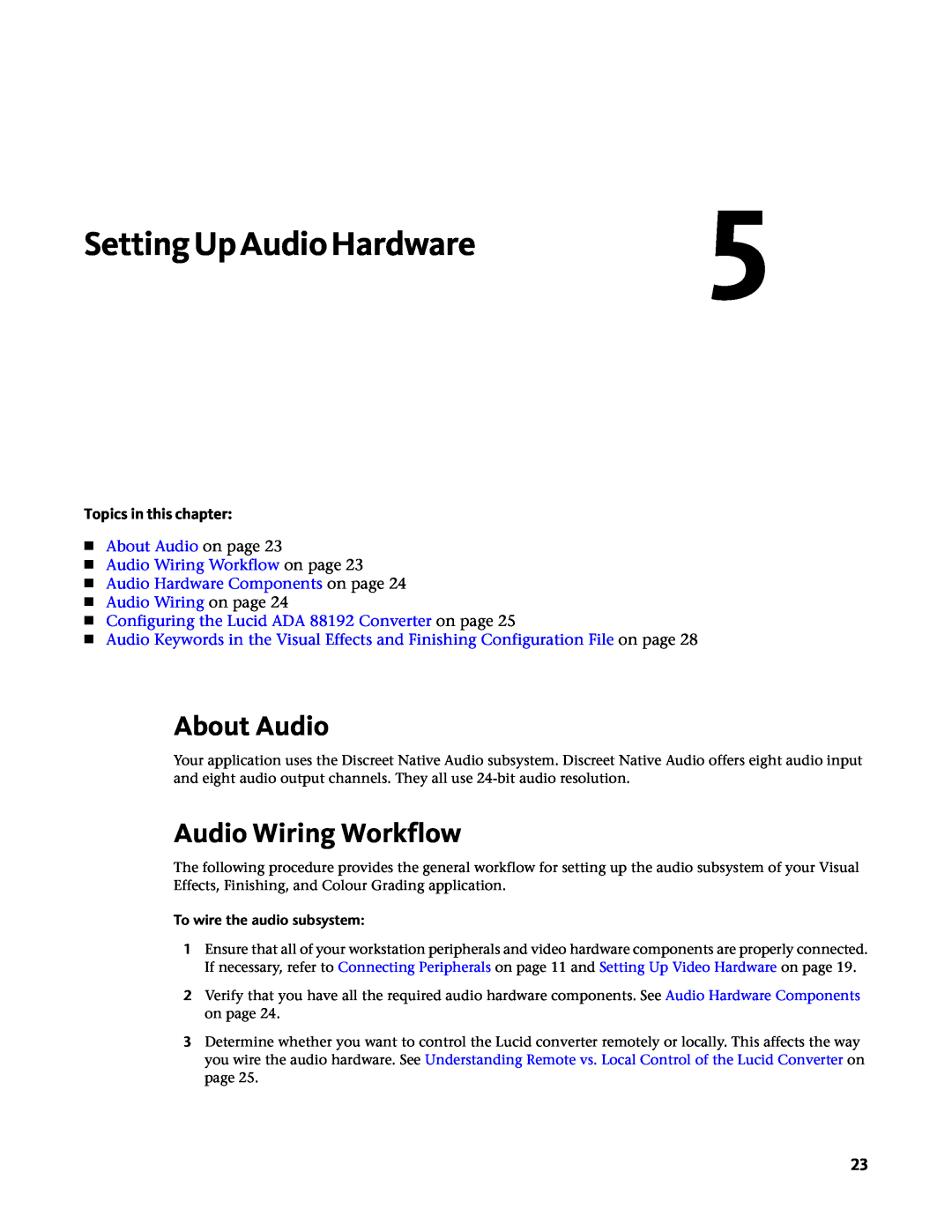 HP Z800 manual SettingUpAudioHardware5, About Audio on page Audio Wiring Workflow on page, Topics in this chapter 