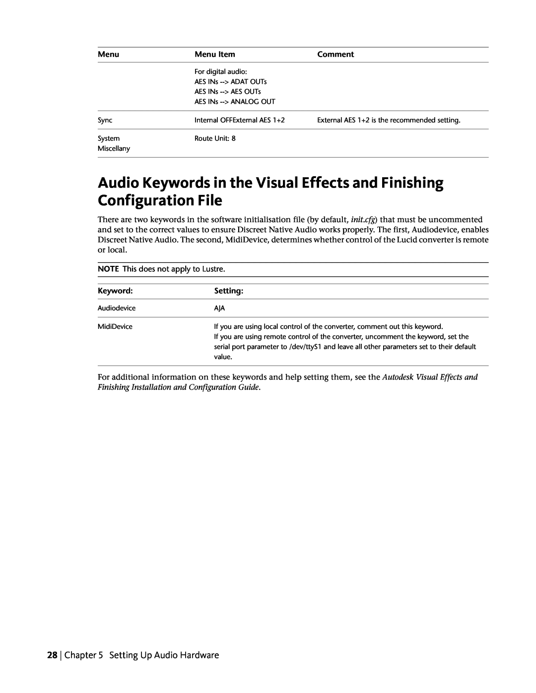 HP Z800 manual Audio Keywords in the Visual Effects and Finishing Configuration File, Setting Up Audio Hardware 