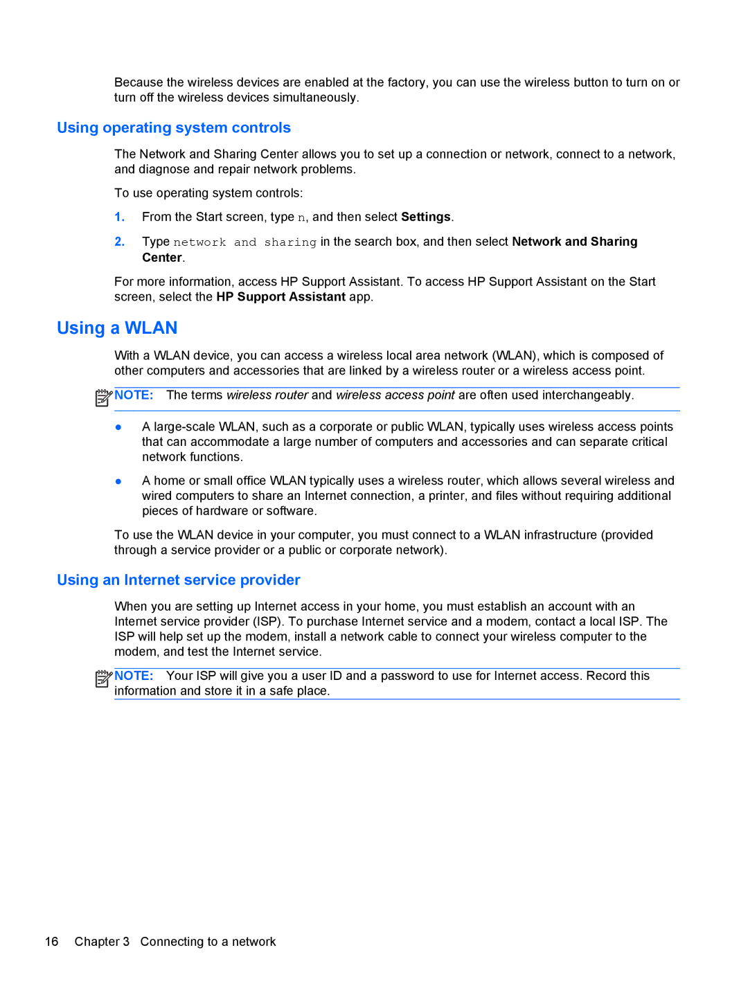 HP ZBook 14 Mobile manual Using a Wlan, Using operating system controls, Using an Internet service provider 