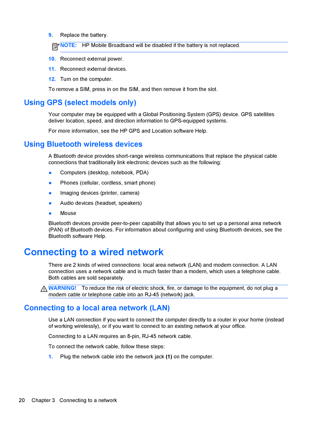 HP ZBook 14 Mobile manual Connecting to a wired network, Using GPS select models only, Using Bluetooth wireless devices 