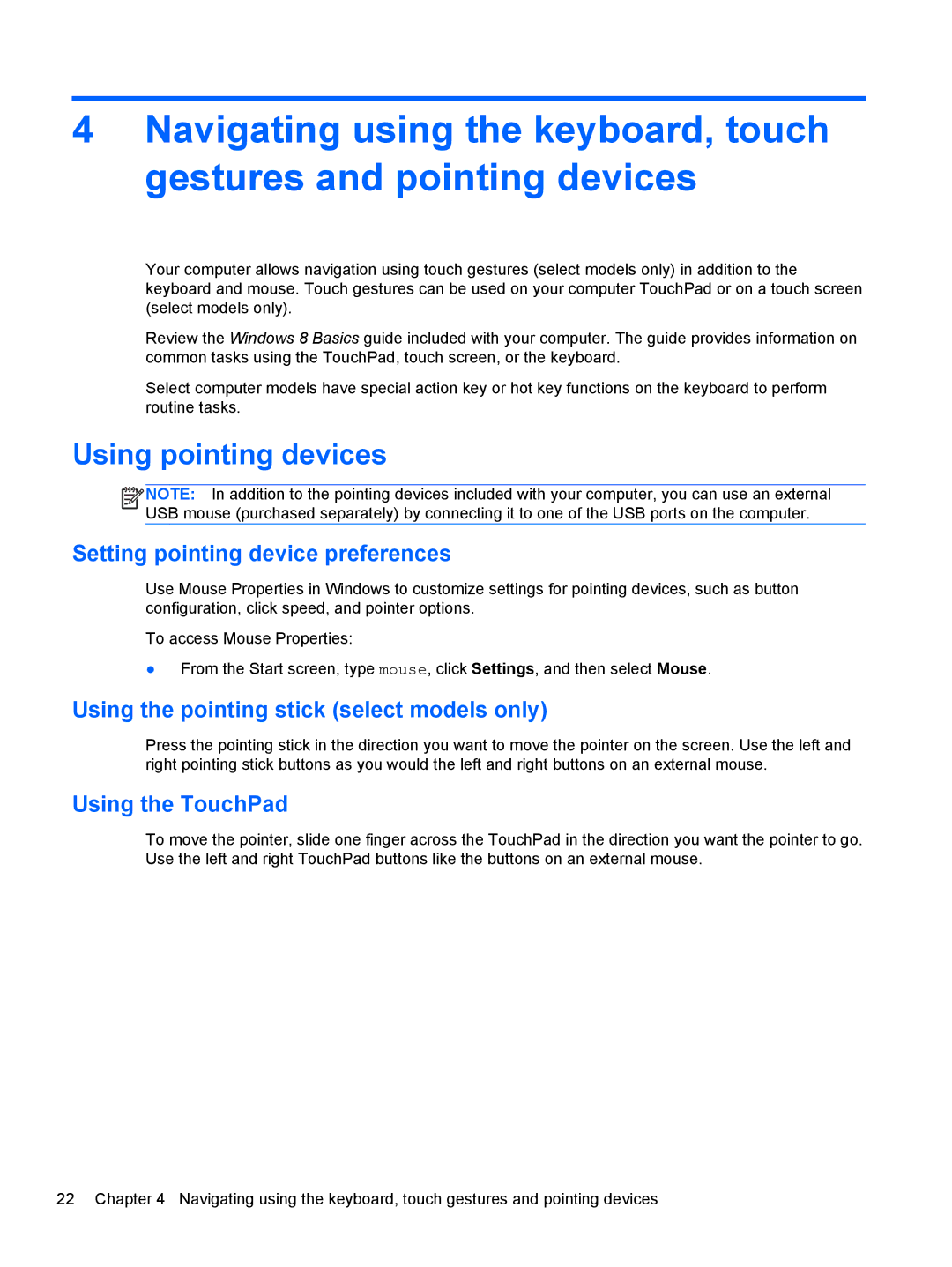 HP ZBook 14 Mobile manual Using pointing devices, Setting pointing device preferences, Using the TouchPad 