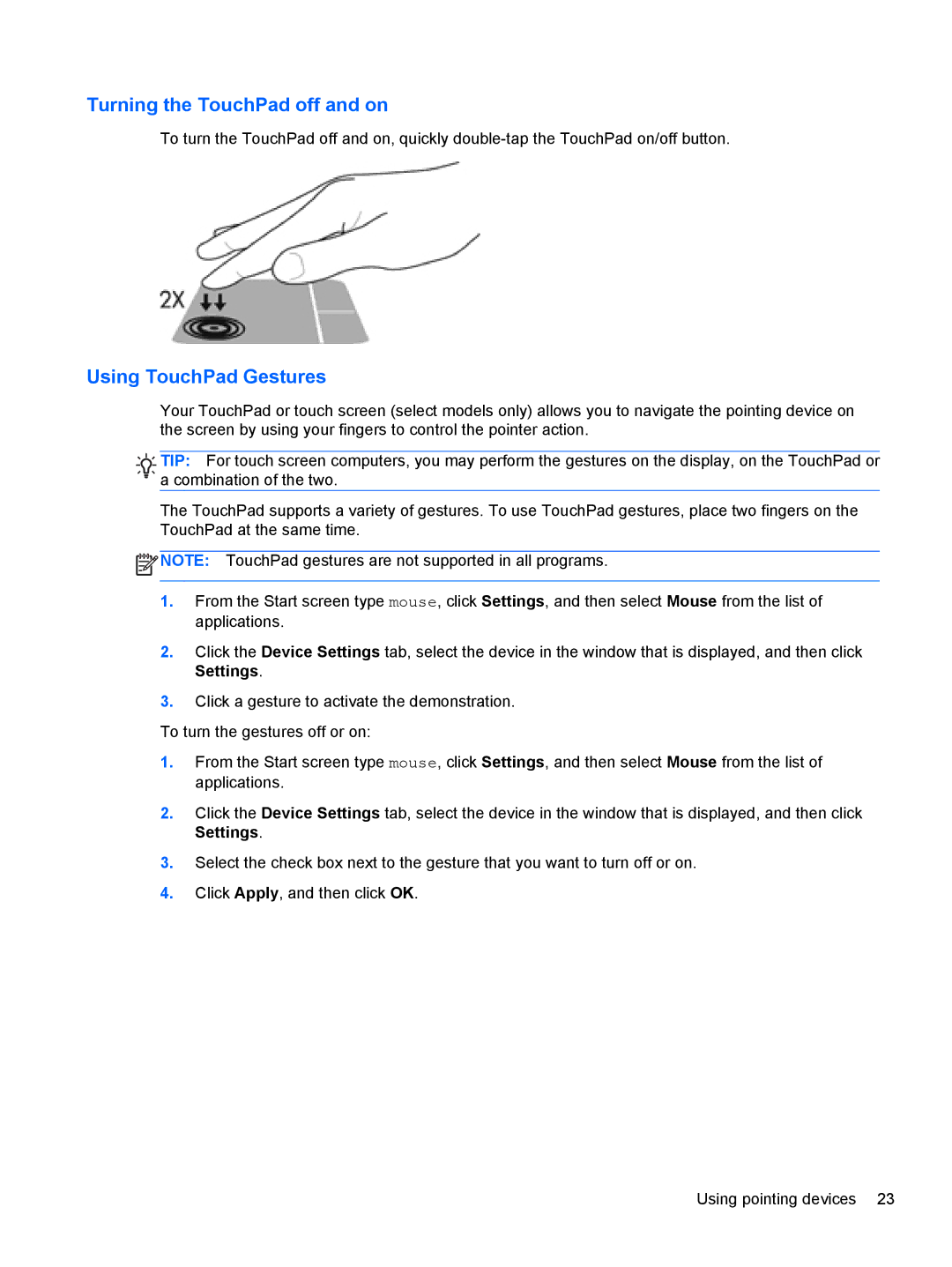 HP ZBook 14 Mobile manual Turning the TouchPad off and on, Using TouchPad Gestures 