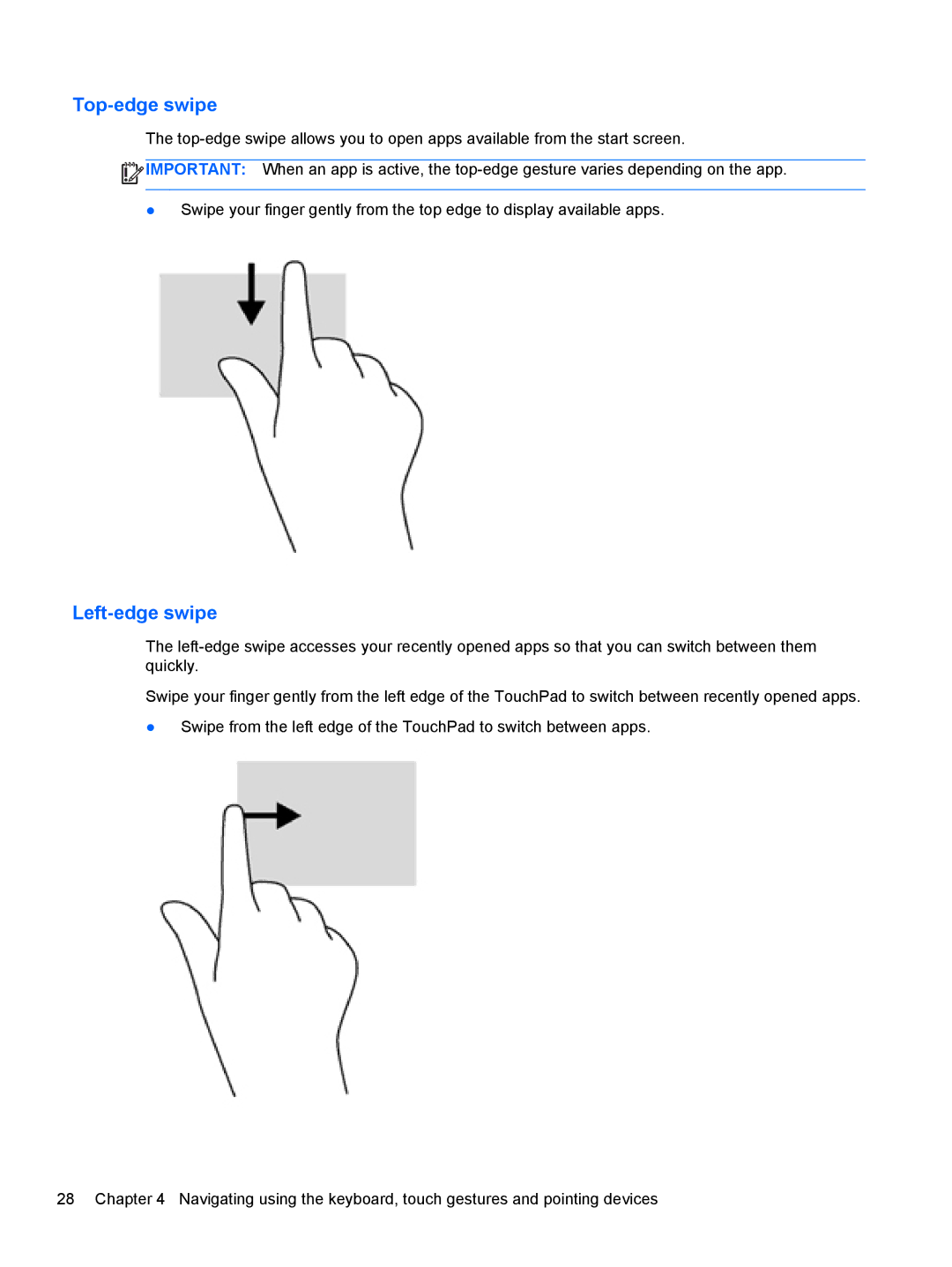 HP ZBook 14 Mobile manual Top-edge swipe, Left-edge swipe 