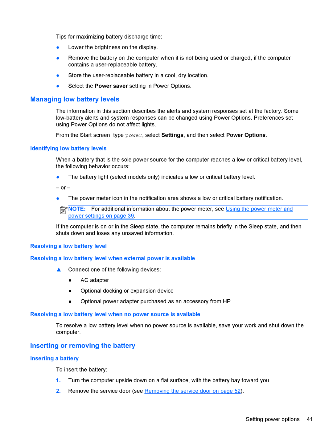 HP ZBook 14 Mobile manual Managing low battery levels, Inserting or removing the battery 