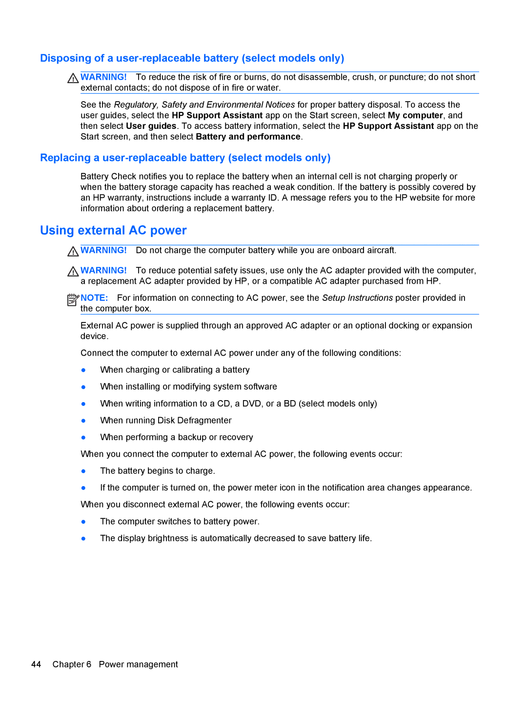 HP ZBook 14 Mobile manual Using external AC power, Disposing of a user-replaceable battery select models only 