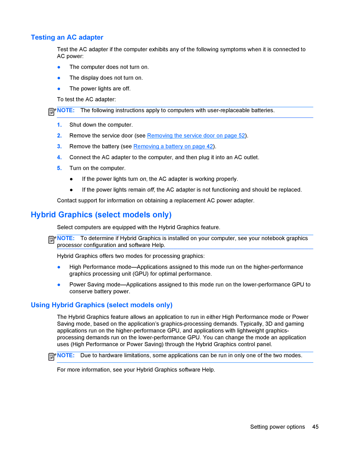 HP ZBook 14 Mobile manual Testing an AC adapter, Using Hybrid Graphics select models only 