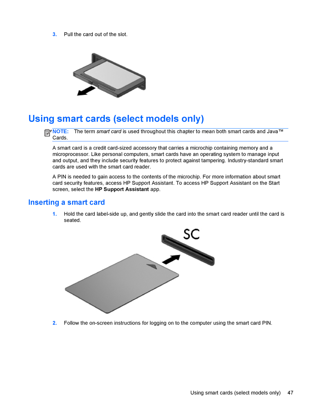 HP ZBook 14 Mobile manual Using smart cards select models only, Inserting a smart card 