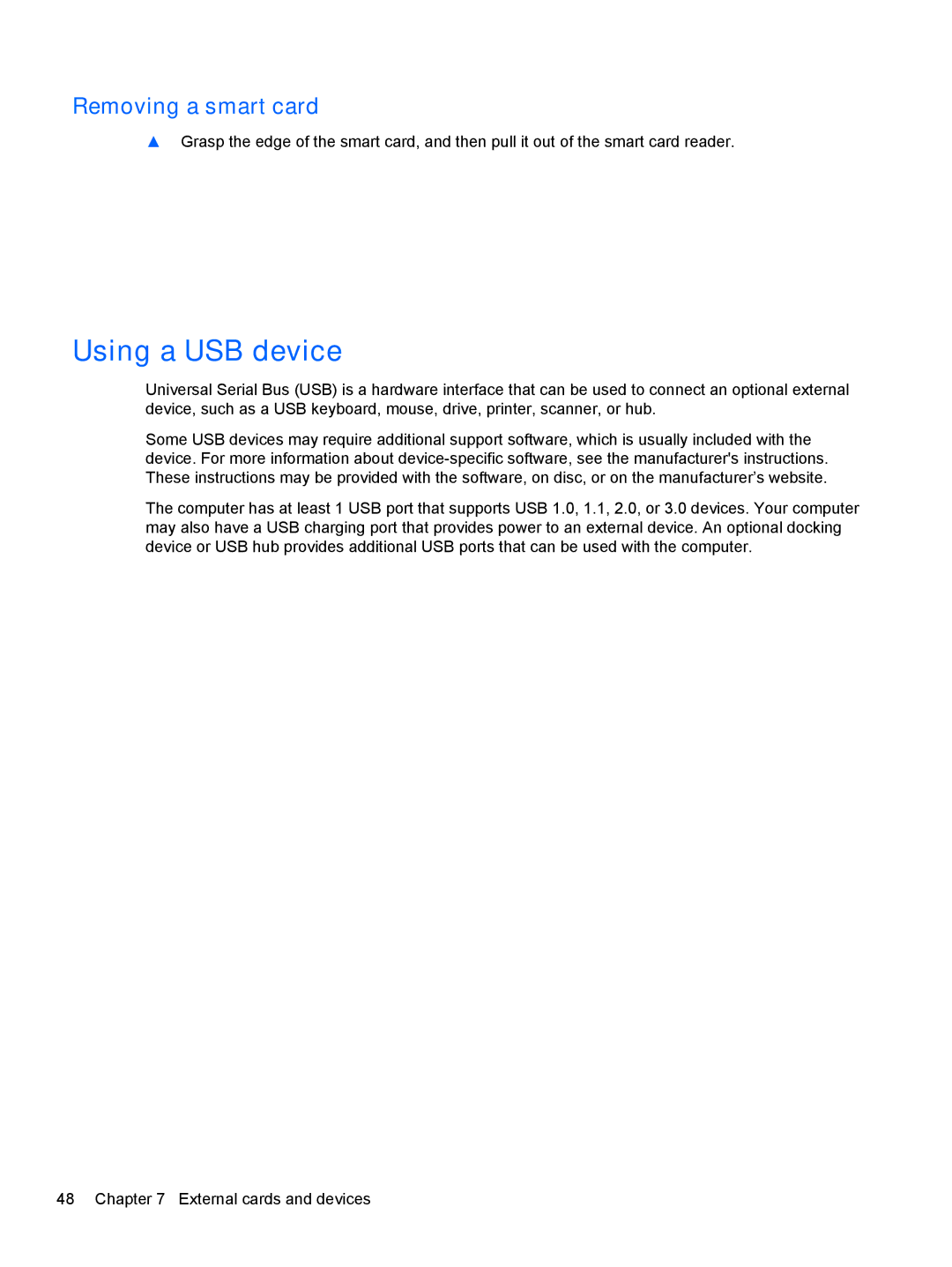 HP ZBook 14 Mobile manual Using a USB device, Removing a smart card 