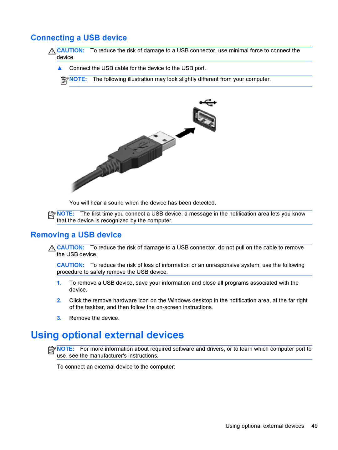 HP ZBook 14 Mobile manual Using optional external devices, Connecting a USB device, Removing a USB device 