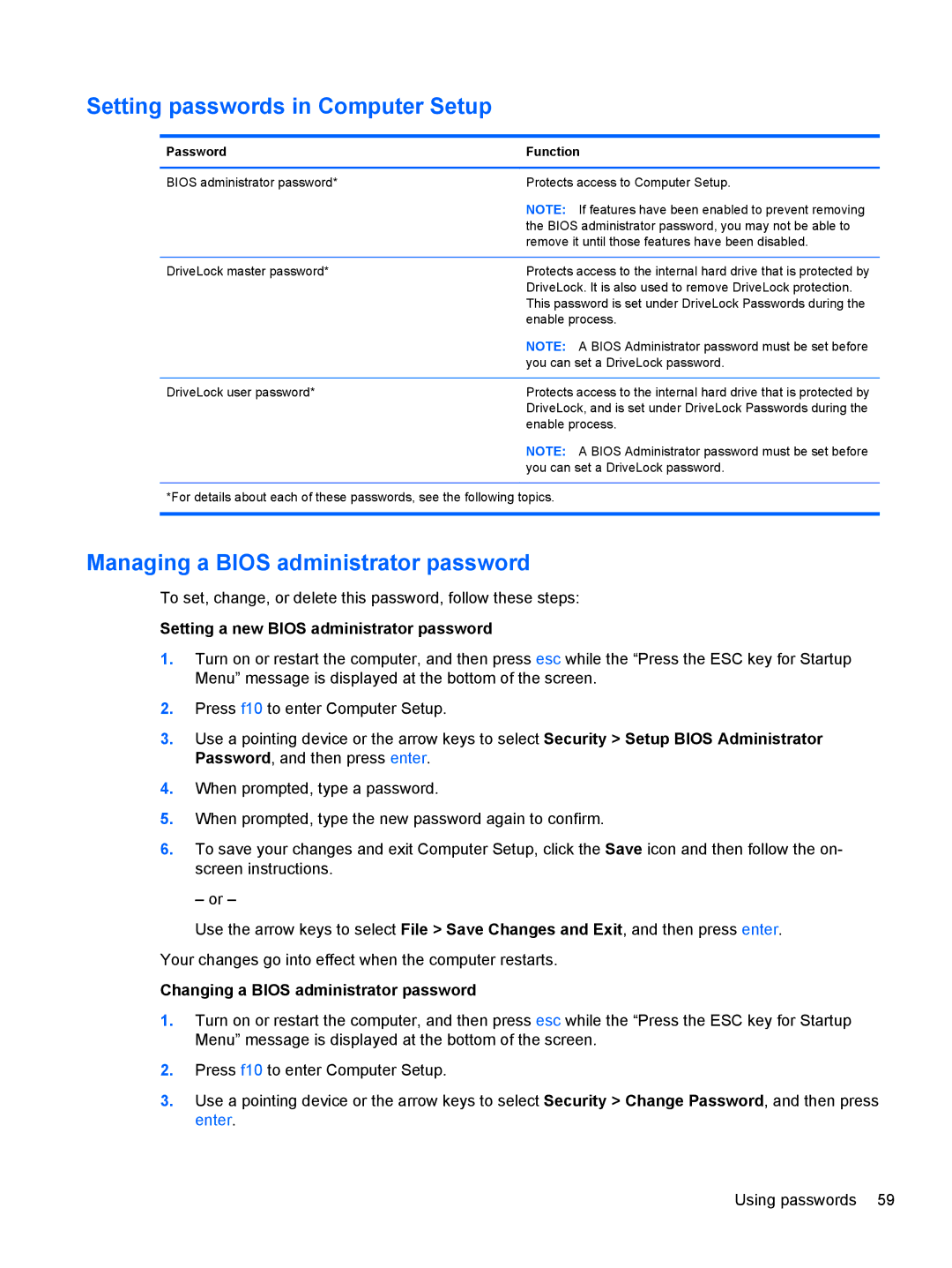 HP ZBook 14 Mobile manual Setting passwords in Computer Setup, Managing a Bios administrator password 