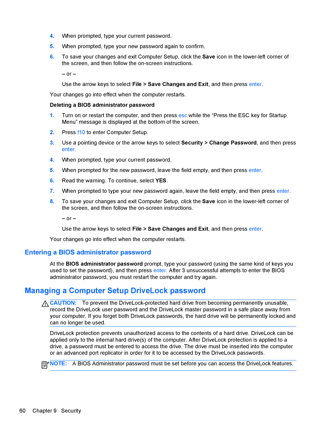 HP ZBook 14 Mobile manual Managing a Computer Setup DriveLock password, Entering a Bios administrator password 