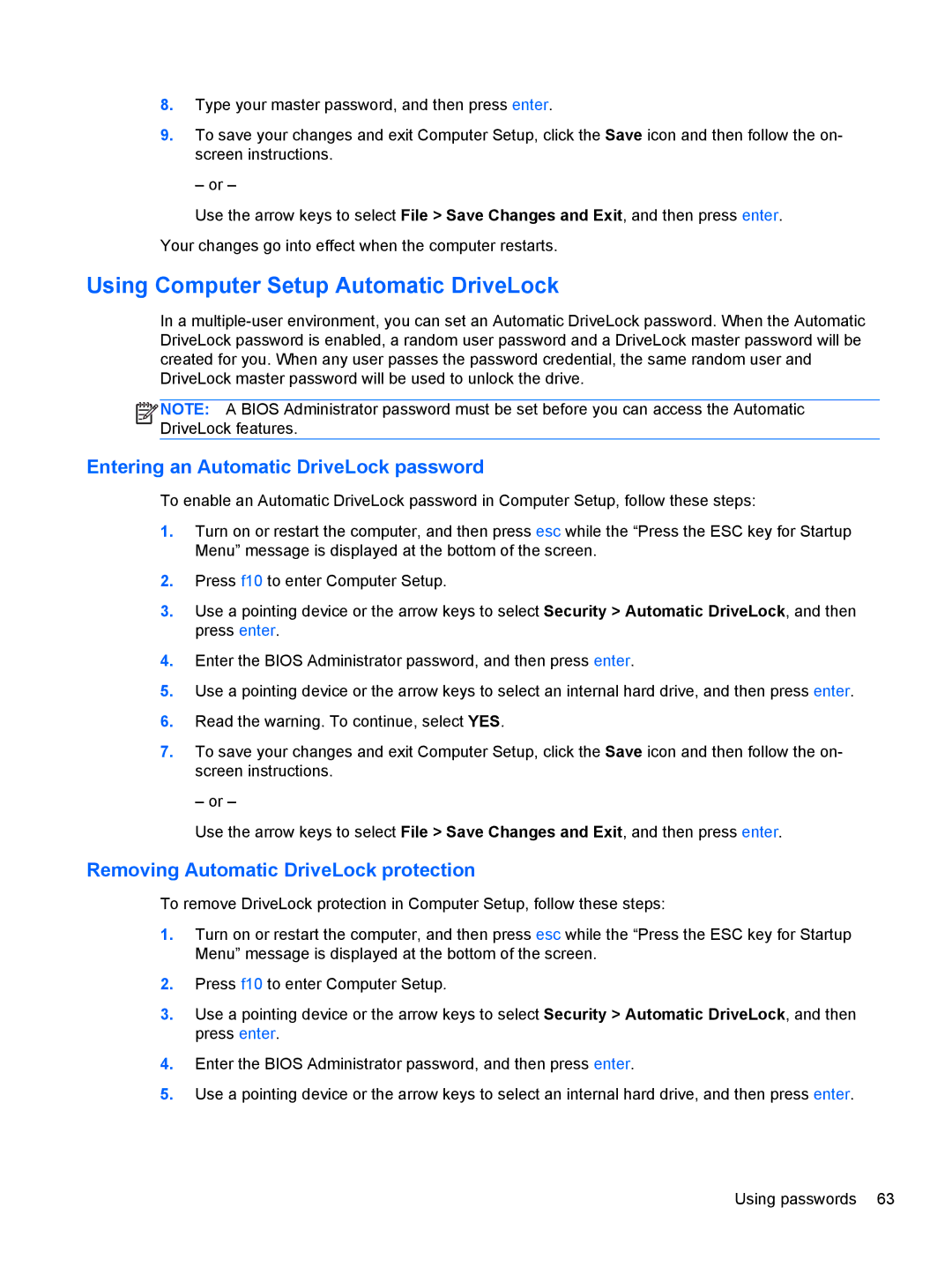 HP ZBook 14 Mobile manual Using Computer Setup Automatic DriveLock, Entering an Automatic DriveLock password 