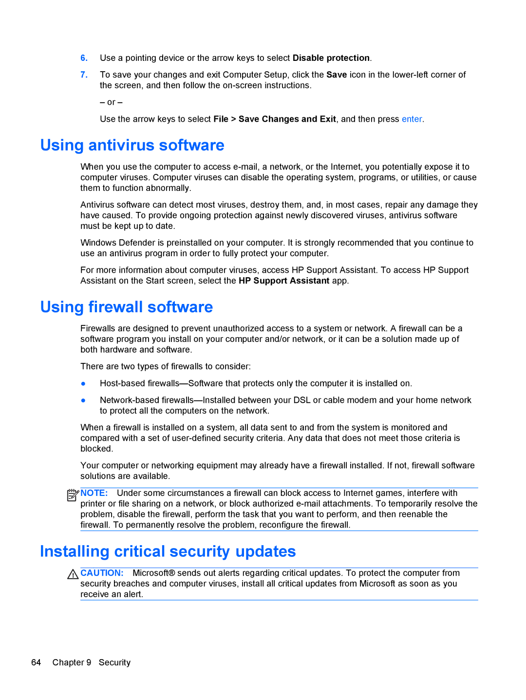 HP ZBook 14 Mobile manual Using antivirus software, Using firewall software, Installing critical security updates 