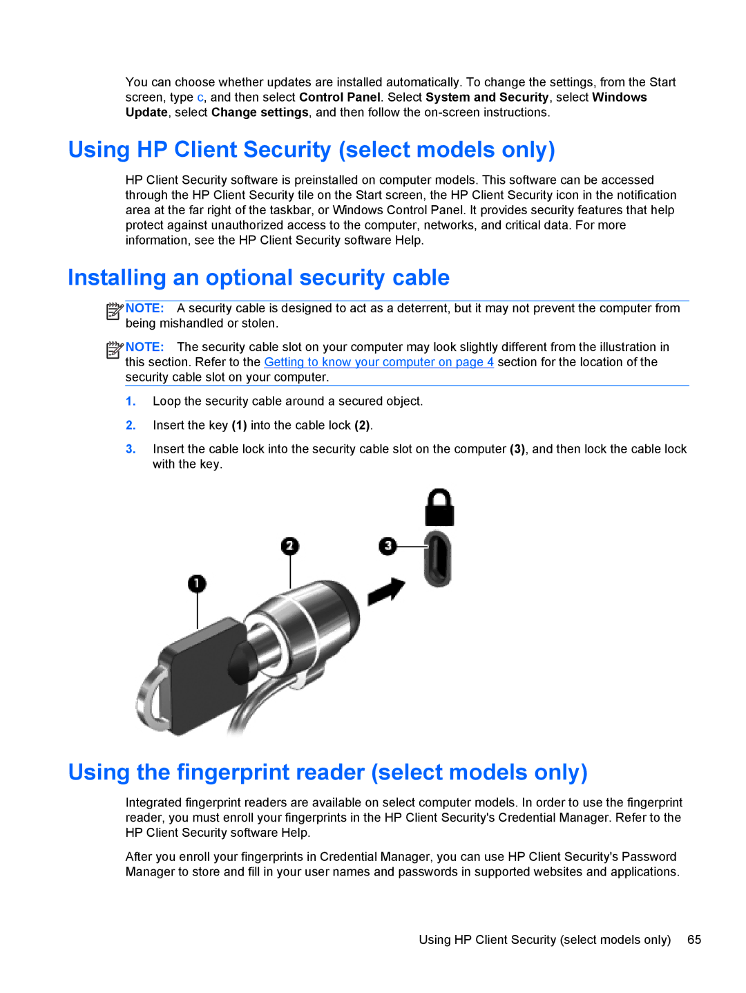 HP ZBook 14 Mobile manual Using HP Client Security select models only, Installing an optional security cable 