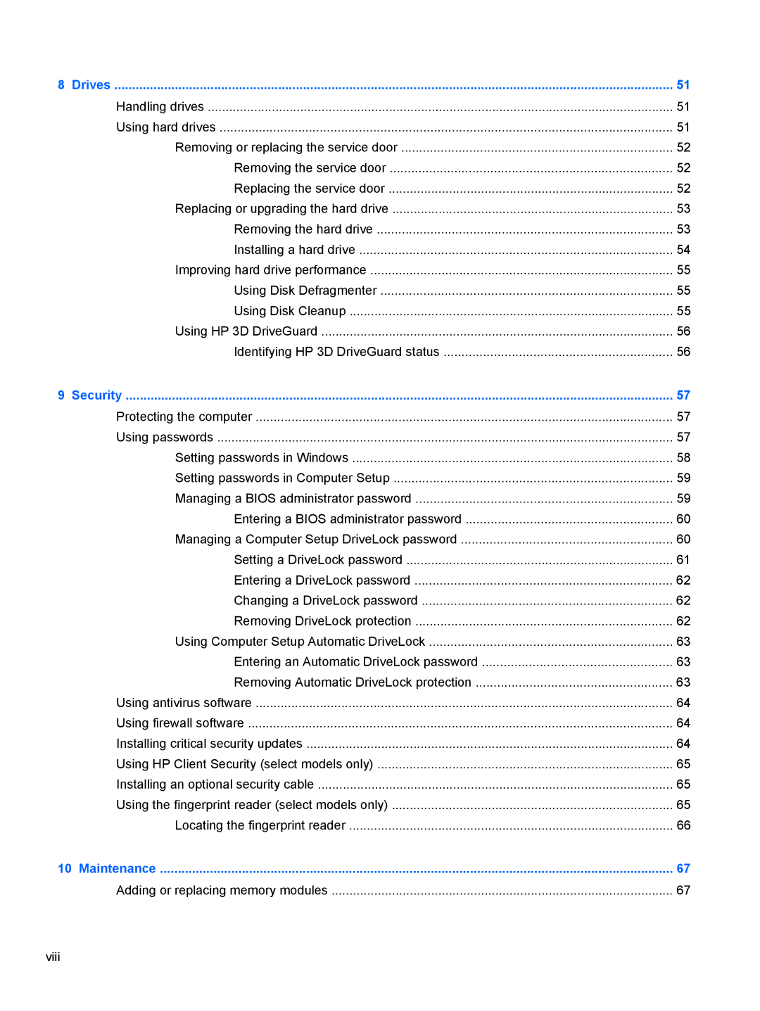 HP ZBook 14 Mobile manual Adding or replacing memory modules Viii 