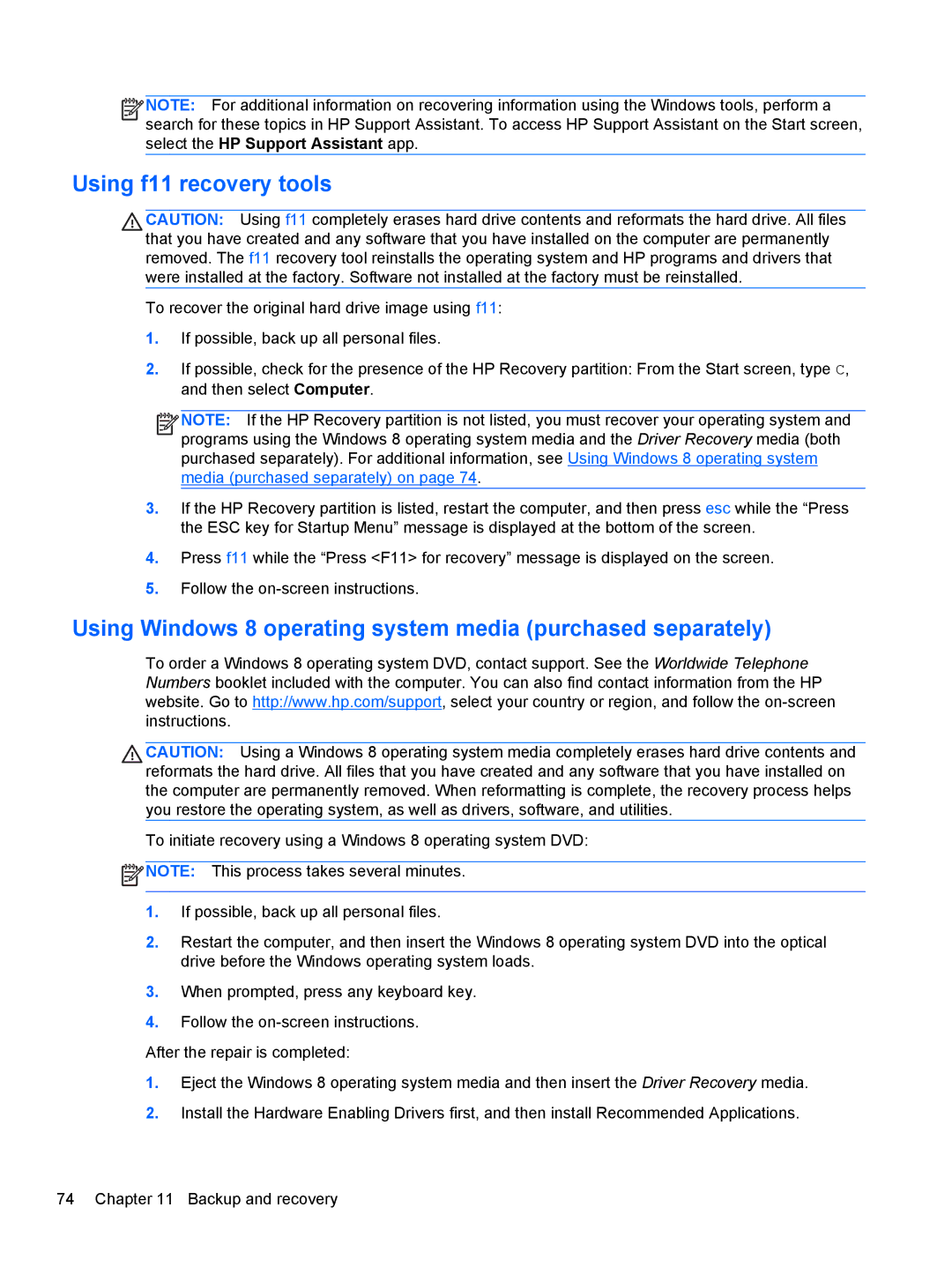 HP ZBook 14 Mobile manual Using f11 recovery tools, Using Windows 8 operating system media purchased separately 