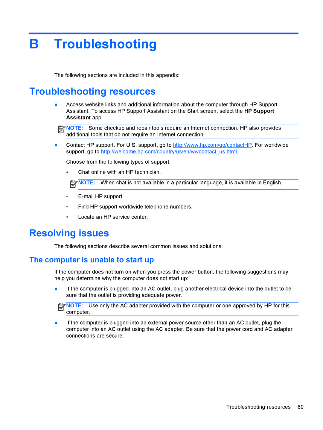 HP ZBook 14 Mobile manual Troubleshooting resources, Resolving issues, Computer is unable to start up 