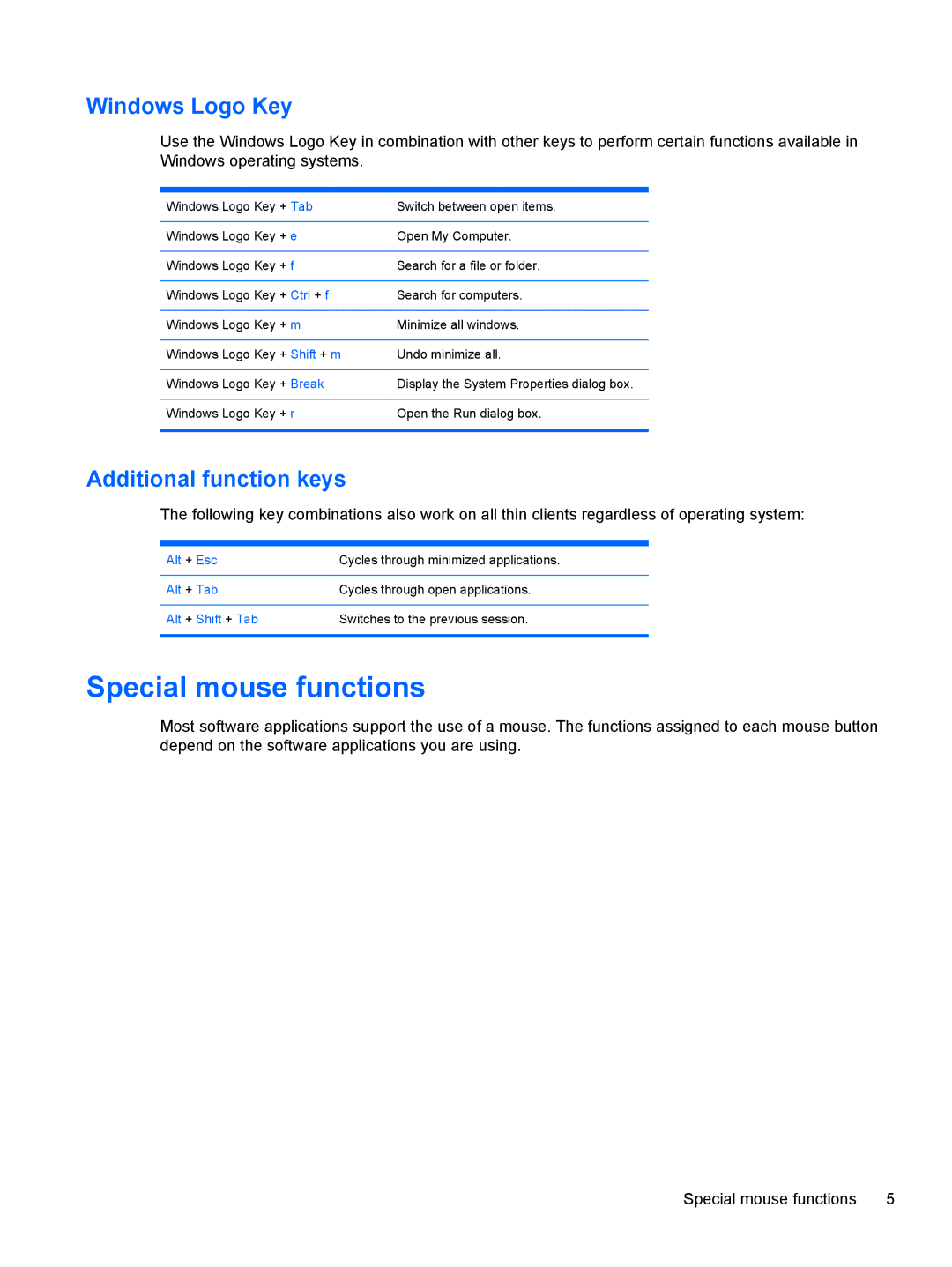 HP ZBook 14 Mobile manual Special mouse functions, Windows Logo Key, Additional function keys 