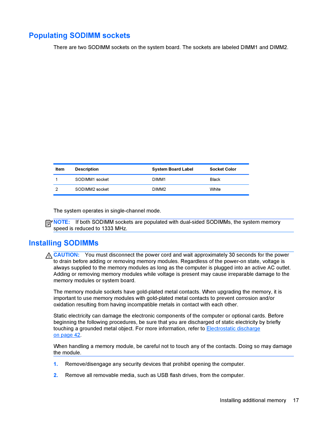 HP ZBook 14 Mobile manual Populating Sodimm sockets, Installing SODIMMs 