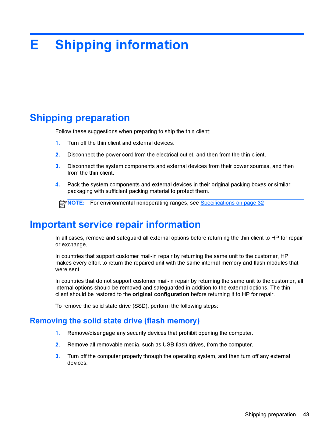 HP ZBook 14 Mobile manual Shipping information, Shipping preparation, Important service repair information 