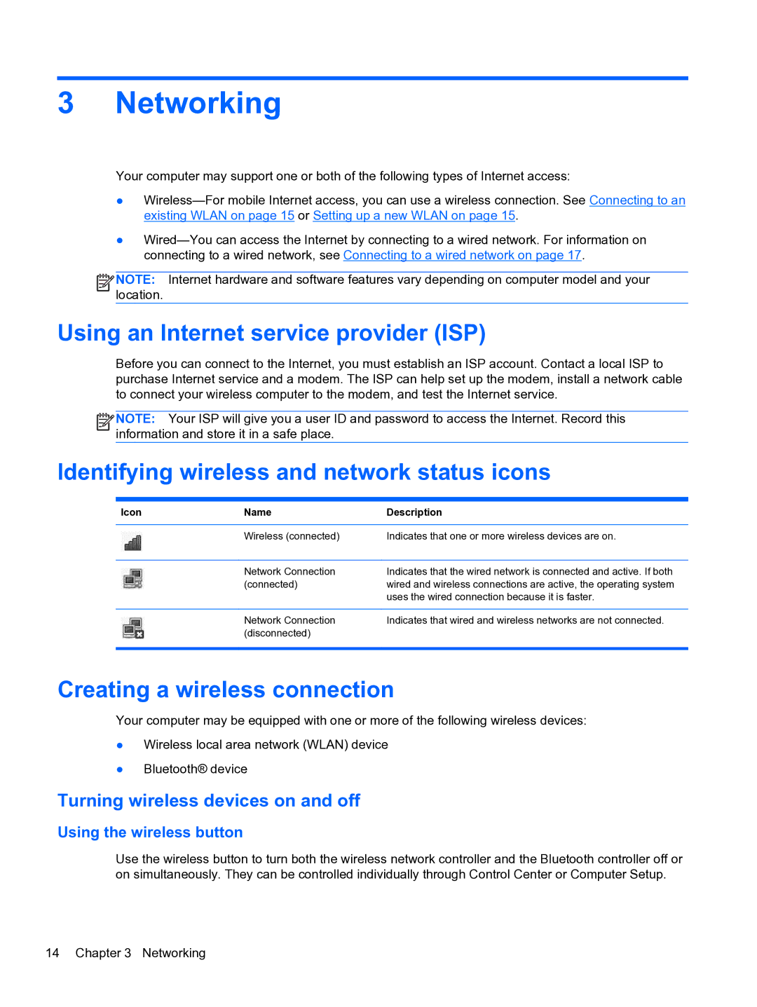 HP ZBook 15 Mobile manual Networking, Using an Internet service provider ISP, Identifying wireless and network status icons 