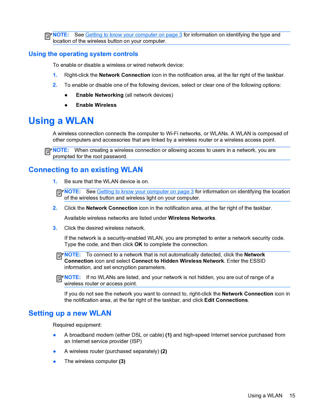 HP ZBook 15 Mobile manual Using a Wlan, Connecting to an existing Wlan, Setting up a new Wlan 