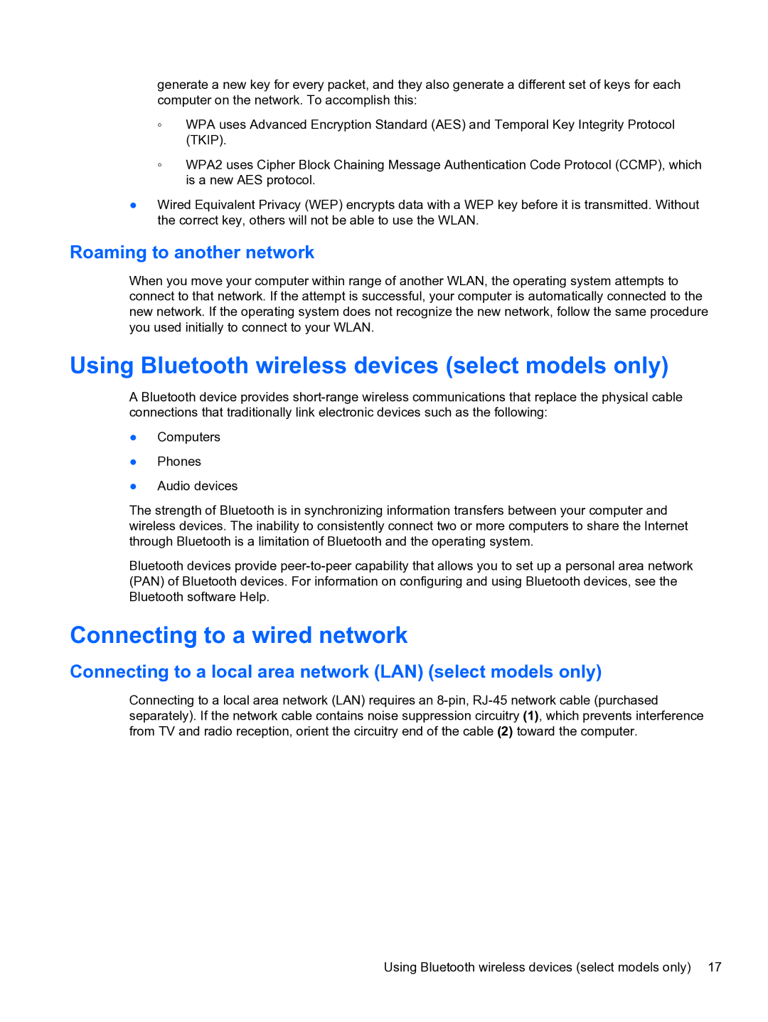 HP ZBook 15 Mobile manual Using Bluetooth wireless devices select models only, Connecting to a wired network 