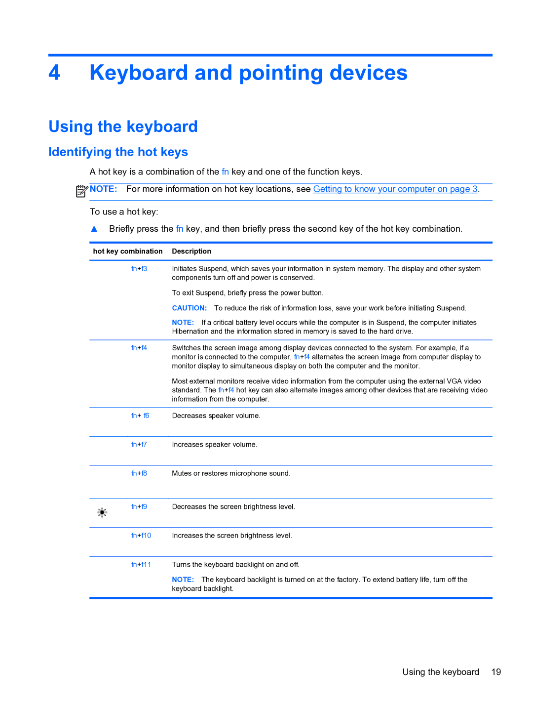 HP ZBook 15 Mobile manual Keyboard and pointing devices, Using the keyboard, Identifying the hot keys 