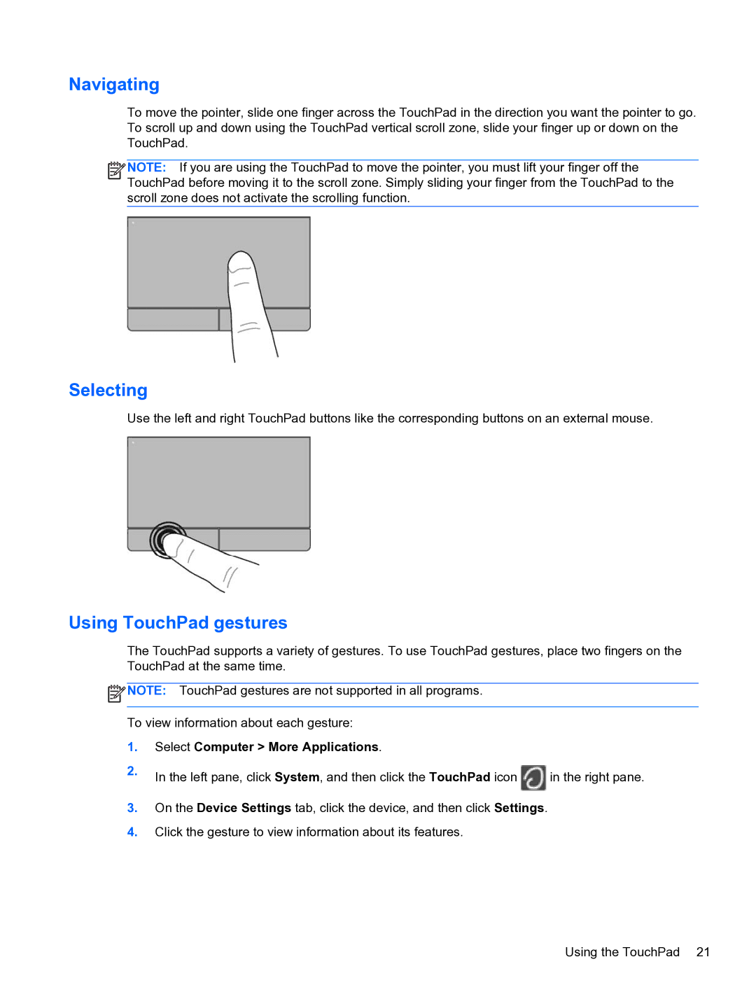 HP ZBook 15 Mobile manual Navigating, Selecting, Using TouchPad gestures 