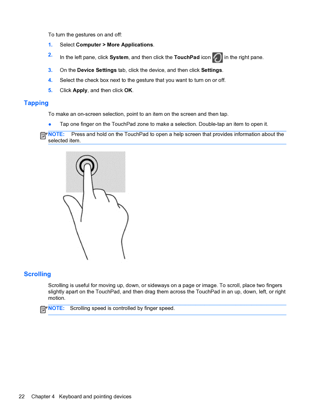 HP ZBook 15 Mobile manual Tapping, Scrolling 