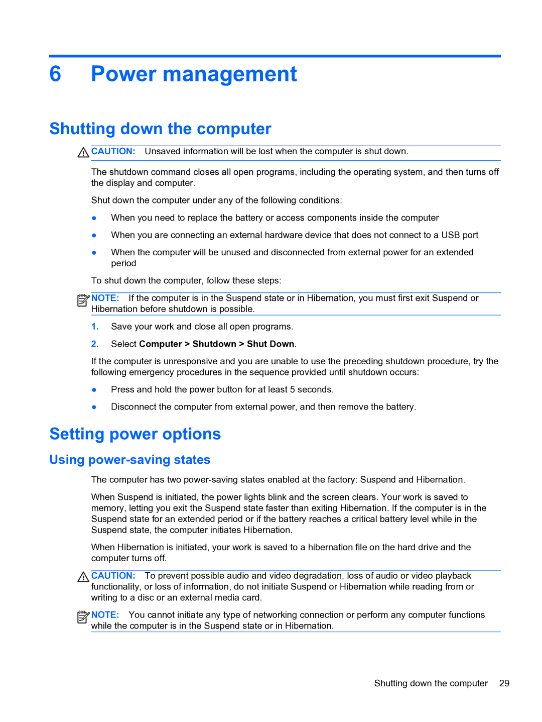 HP ZBook 15 Mobile manual Power management, Shutting down the computer, Setting power options, Using power-saving states 