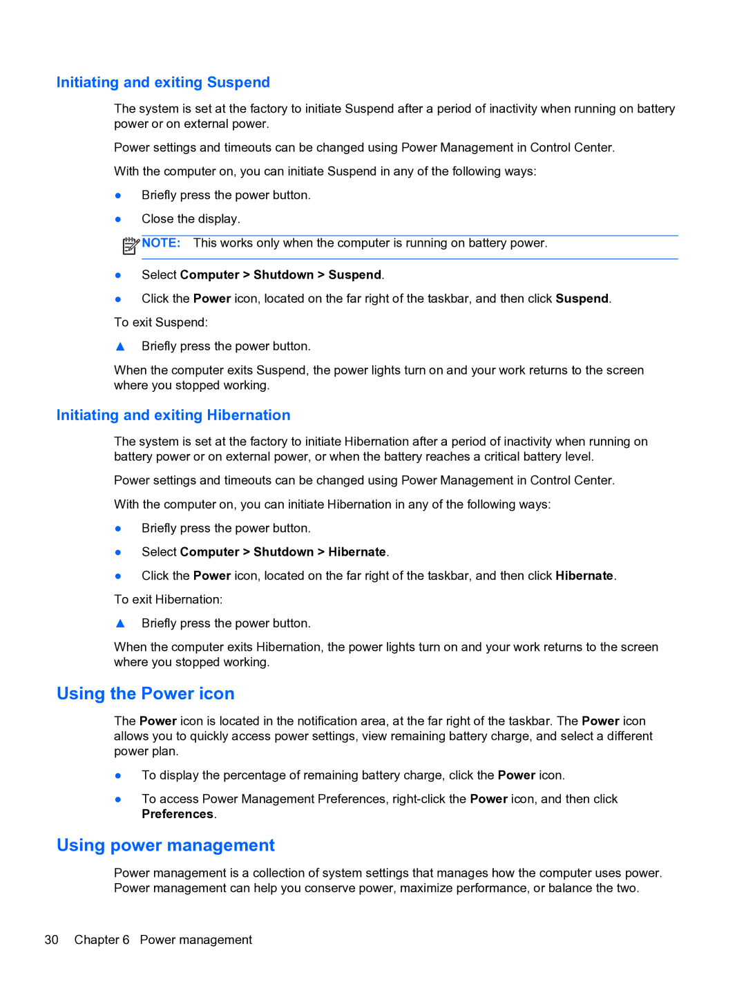 HP ZBook 15 Mobile manual Using the Power icon, Using power management, Initiating and exiting Suspend 