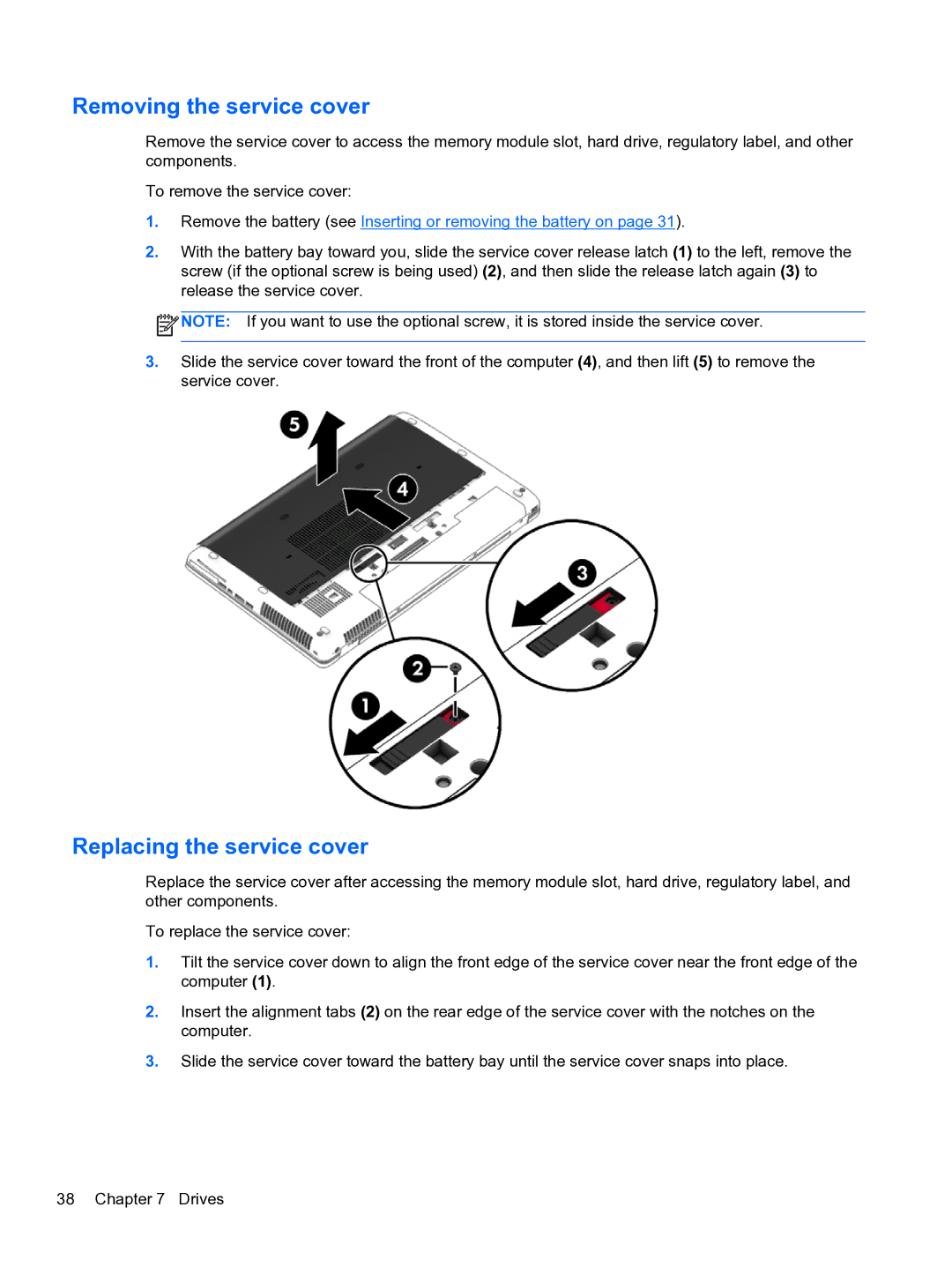 HP ZBook 15 Mobile manual Removing the service cover, Replacing the service cover 