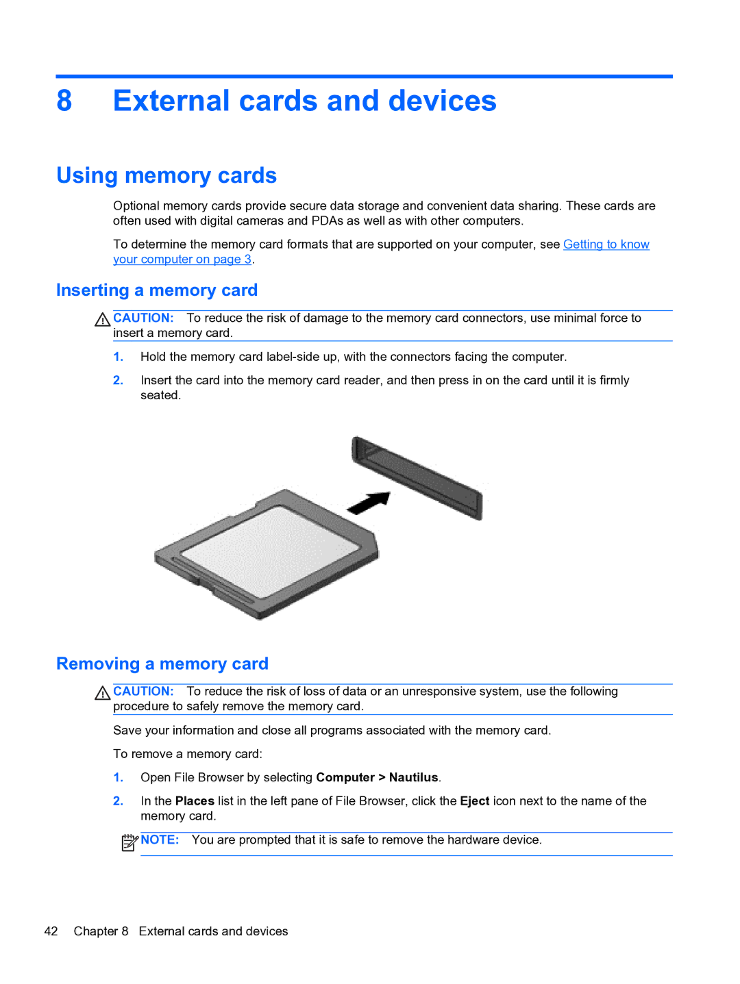 HP ZBook 15 Mobile manual External cards and devices, Using memory cards, Inserting a memory card, Removing a memory card 