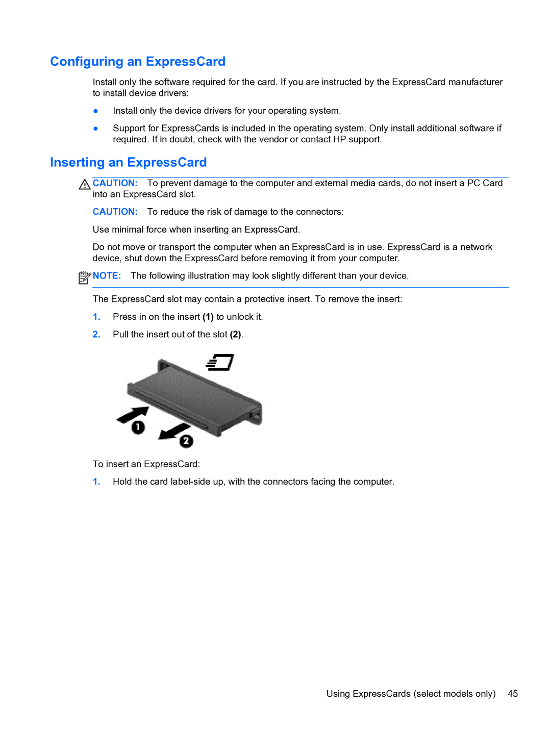 HP ZBook 15 Mobile manual Configuring an ExpressCard, Inserting an ExpressCard 