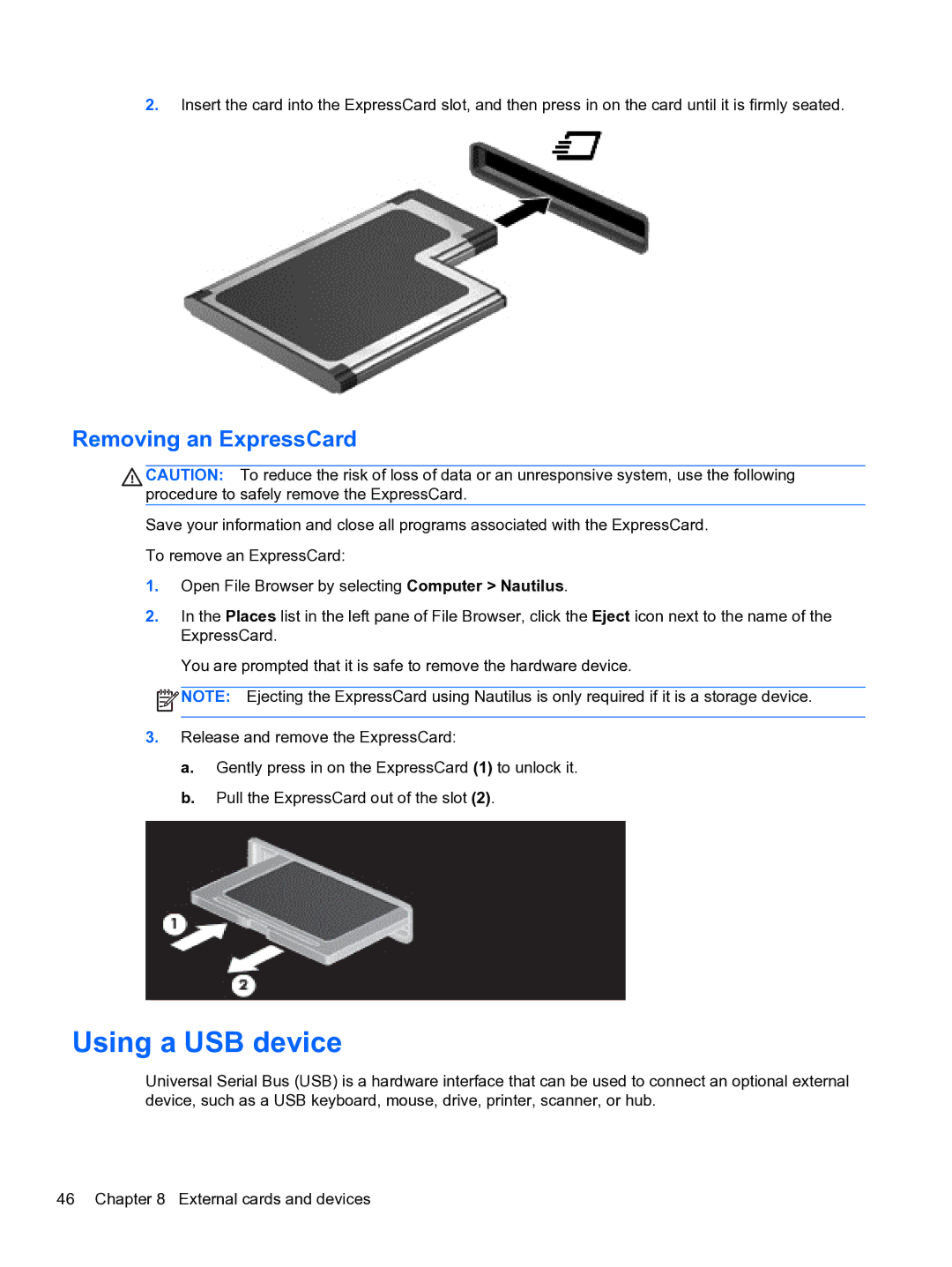 HP ZBook 15 Mobile manual Using a USB device, Removing an ExpressCard 