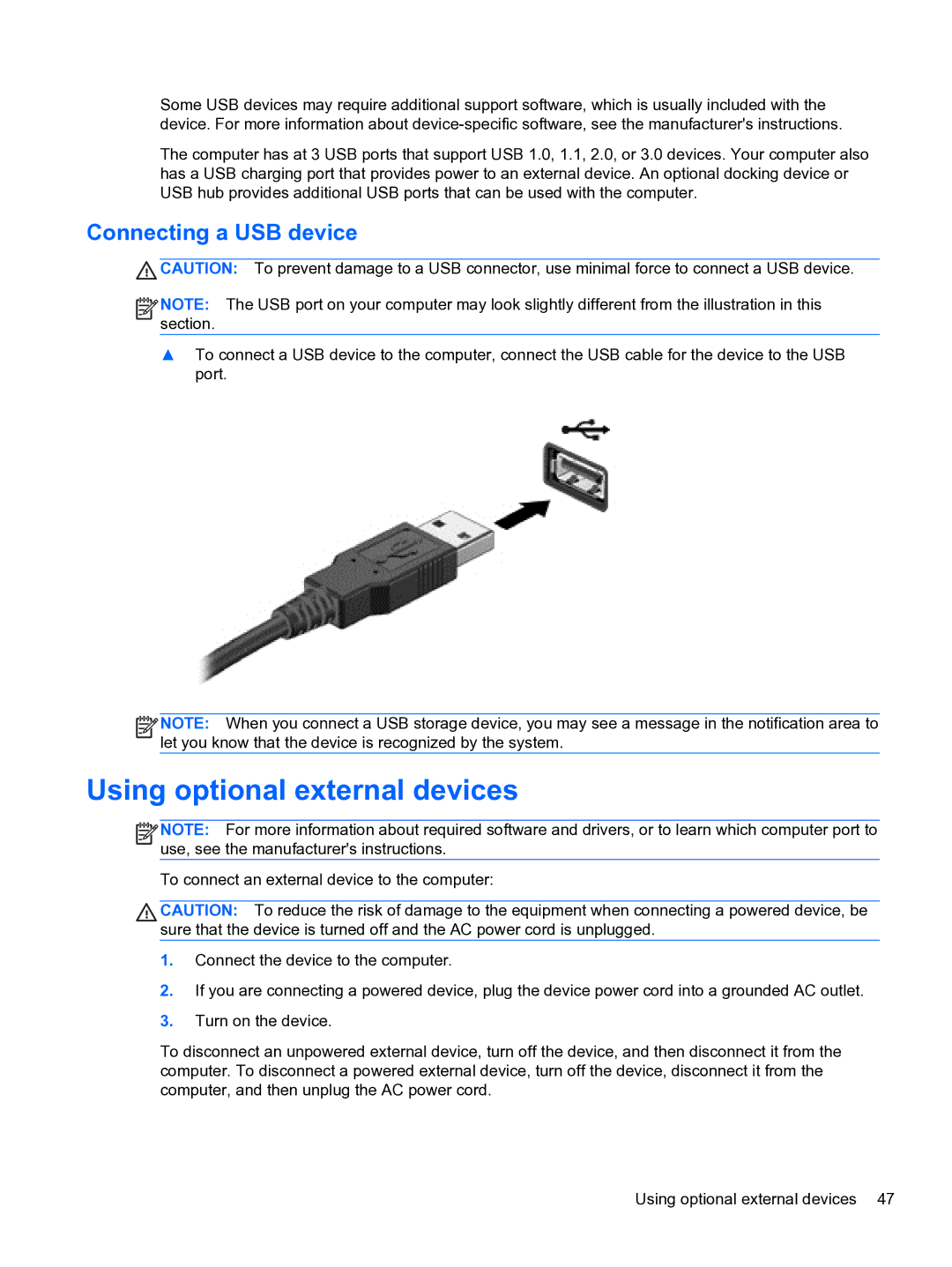 HP ZBook 15 Mobile manual Using optional external devices, Connecting a USB device 