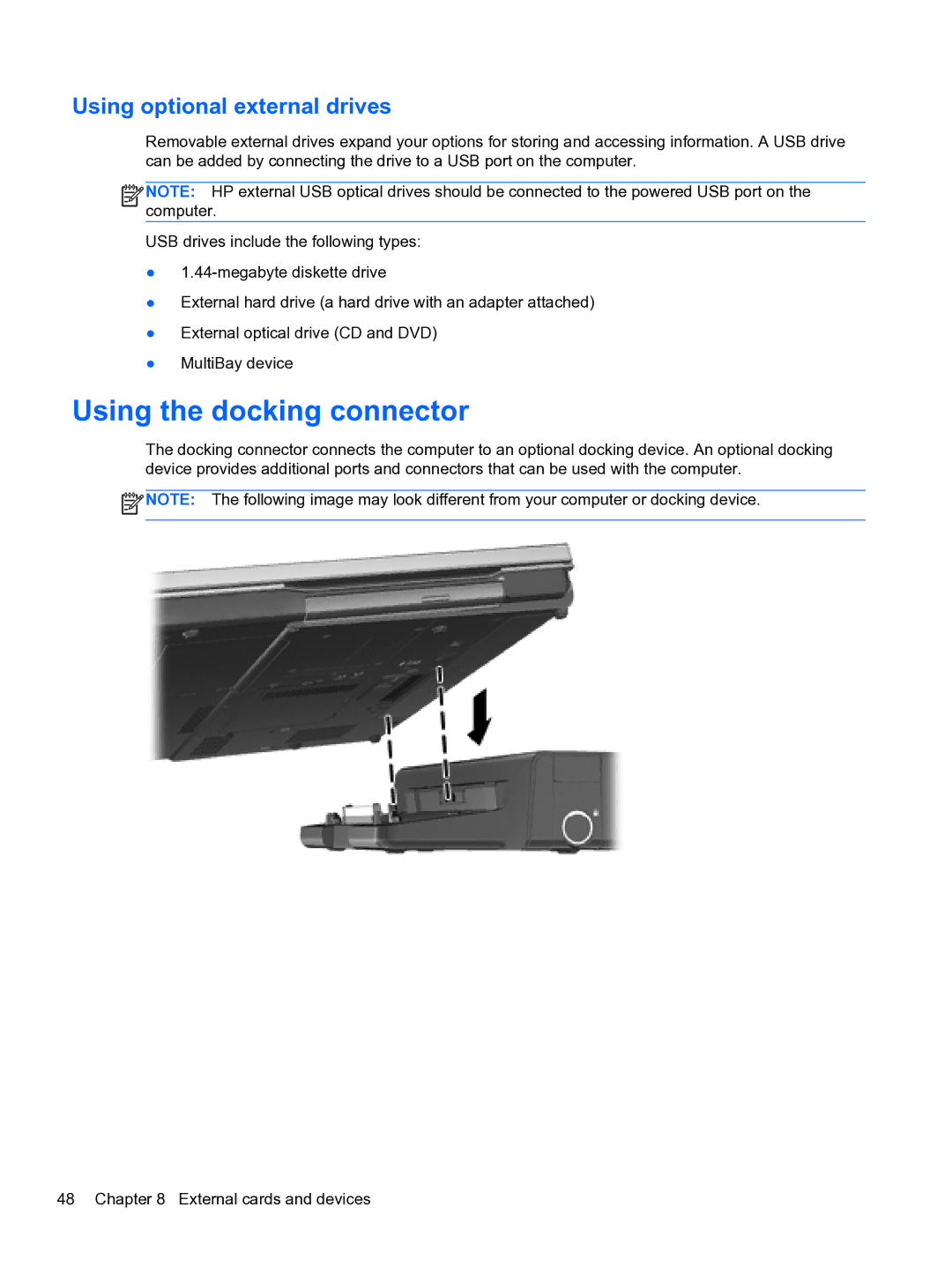 HP ZBook 15 Mobile manual Using the docking connector, Using optional external drives 